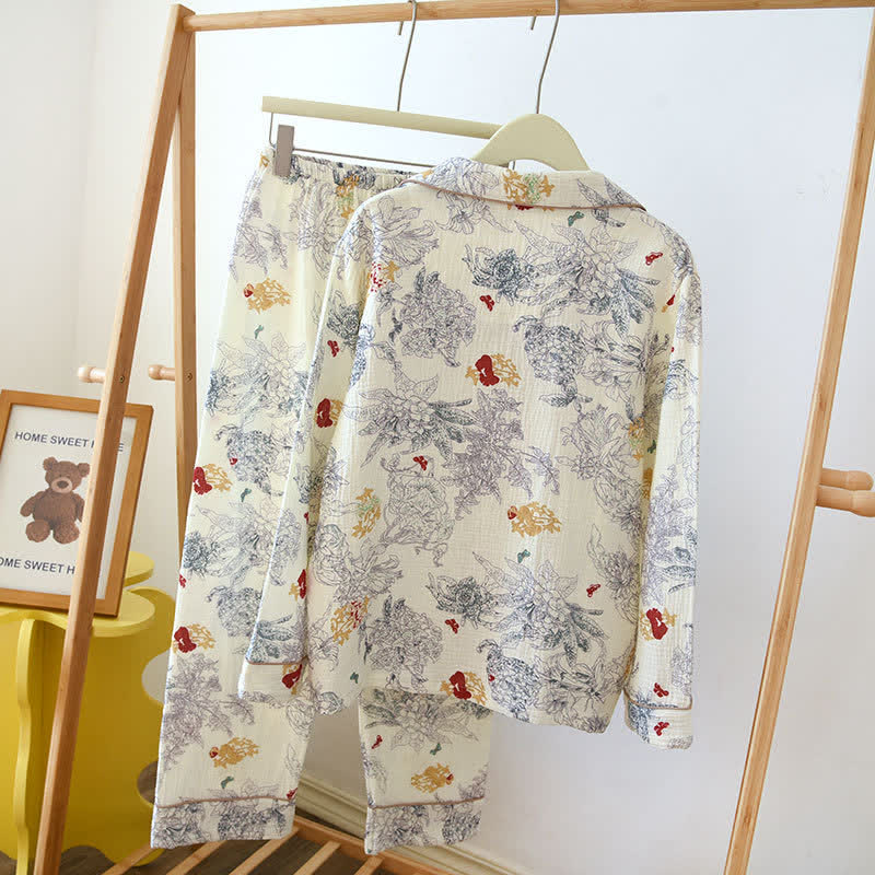 Fashion Floral Lapel Cotton Pajama Set