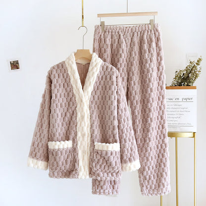 V-neck Soft Fluffy Flannel Pajama Set