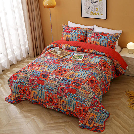 Ownkoti Red Splicing Pattern Quilt with Pillowcase