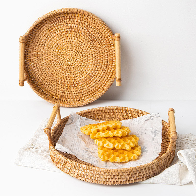 Hand Woven Rattan Round Tray With Handles