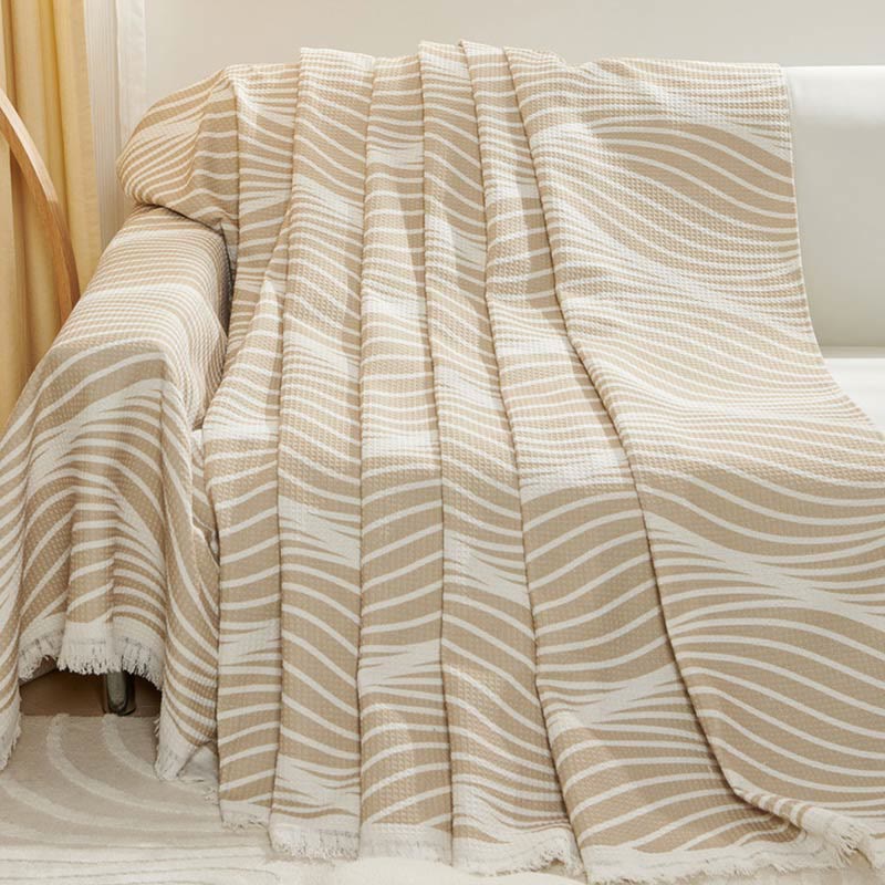 Ownkoti Coffee Stripe Wave Tassels Sofa Cover