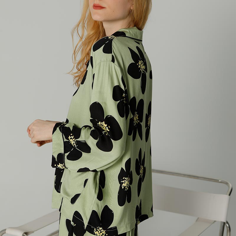 Black Flower Satin Pajama Set Loungewear