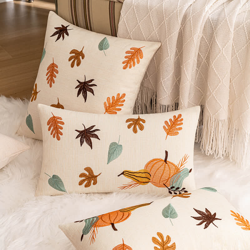 Pumpkin & Leaf Print Embroidered Pillowcase Pillowcases Ownkoti 1