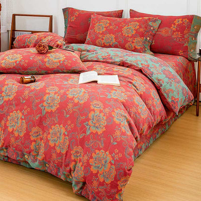 Flower Print Red Cotton Bedding Sets(4PCS) Bedding Set Ownkoti 1