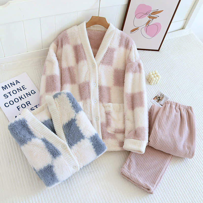 Checkerboard V-neck Soft Fluffy Pajama Set