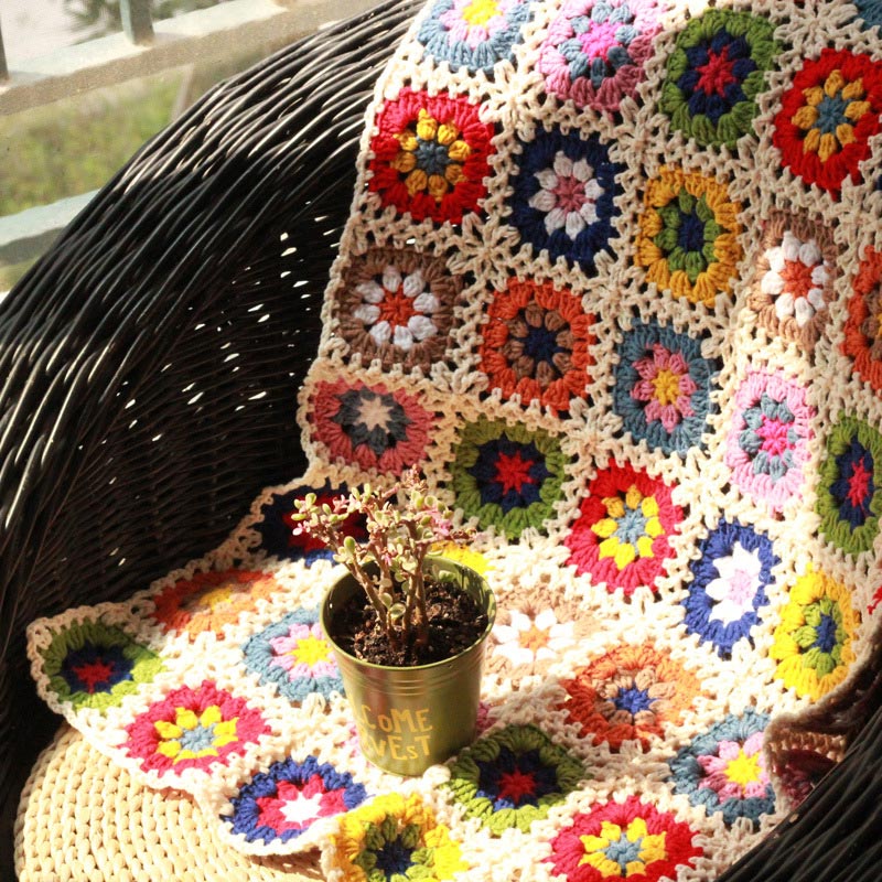 Plaid Colorful Flower Crochet Sofa Cover