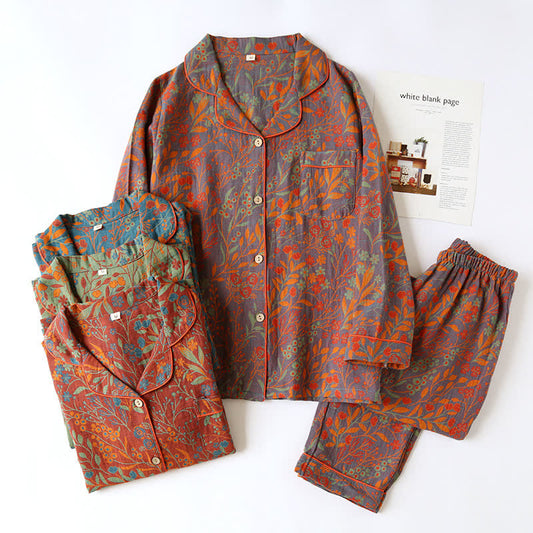 Vintage Leaf Cotton Lapel Loungewear Set