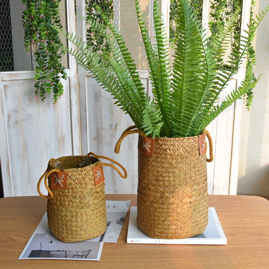 Handwoven Plant Straw Basket Flower Pot with Handles (2PCS)