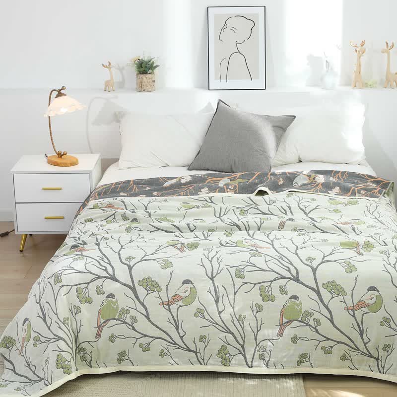 Hawthorn Tree Bird Cotton Reversible Quilt Quilts Ownkoti Green Full