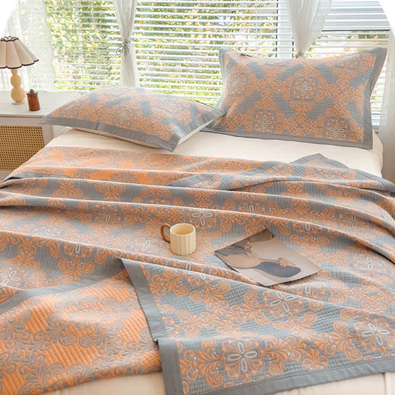 Orange & Grey Color Floral Reversible Quilt Quilts Ownkoti 4