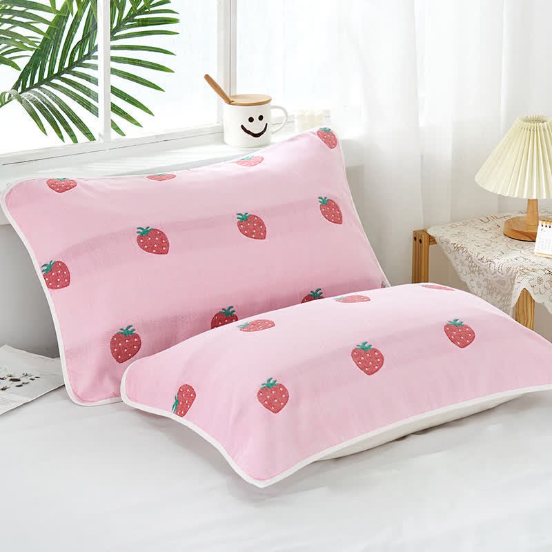 Strawberry Printed Cotton Decorative Pillow Towel (2PCS) Pillowcases ownkotiuk Pink 50cm x 80cm